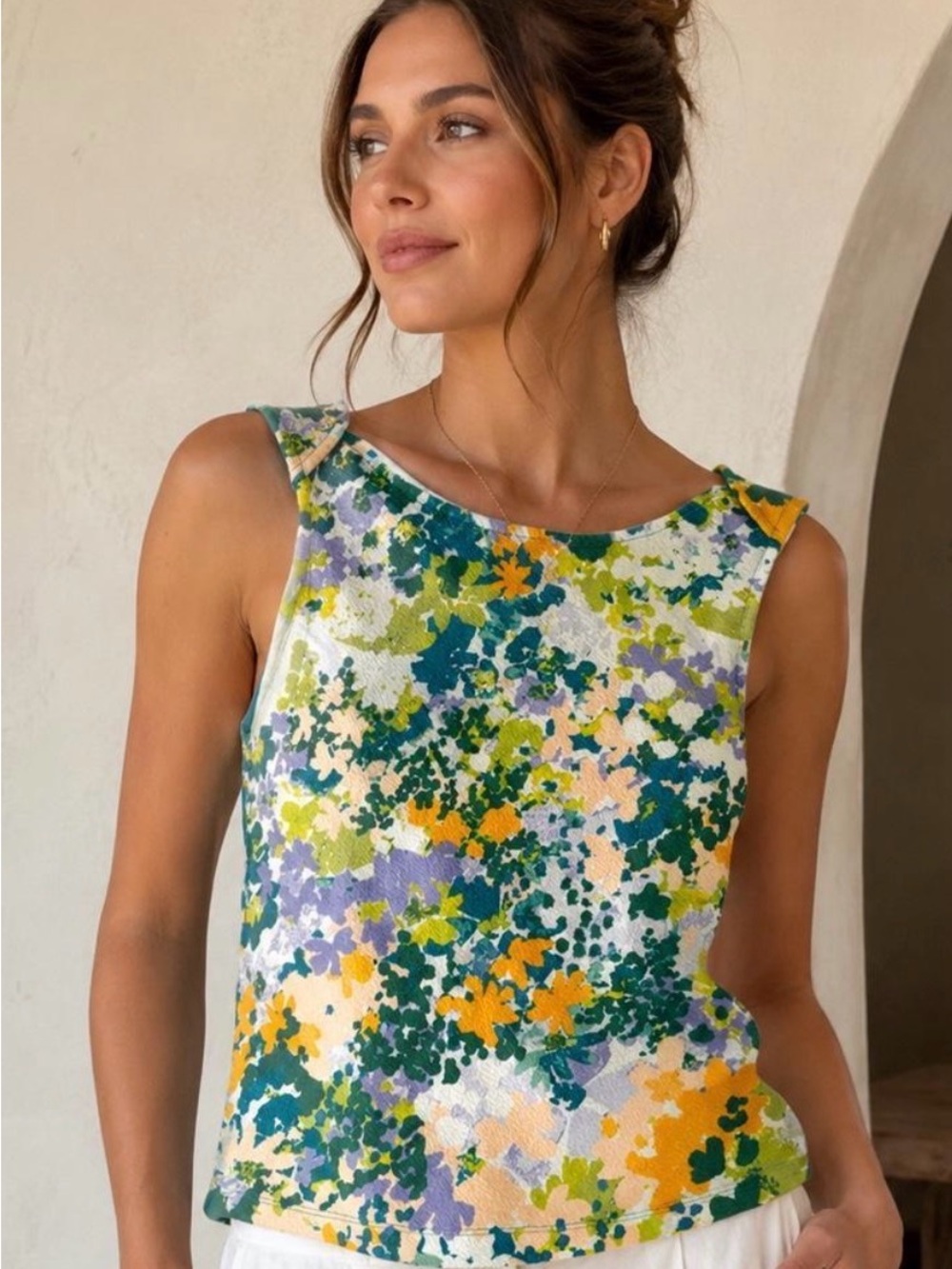 Maeve -Anthropologie Multicolor Floral Print Tank Top in Green, Yellow & Purple